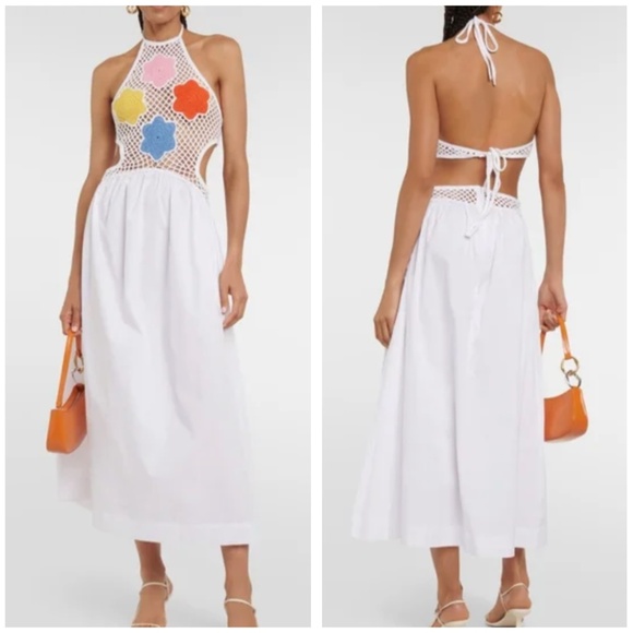 NWT STAUD Kaylee Crochet Bodice Halter Knit Midi Dress - Pansy White Beach Party